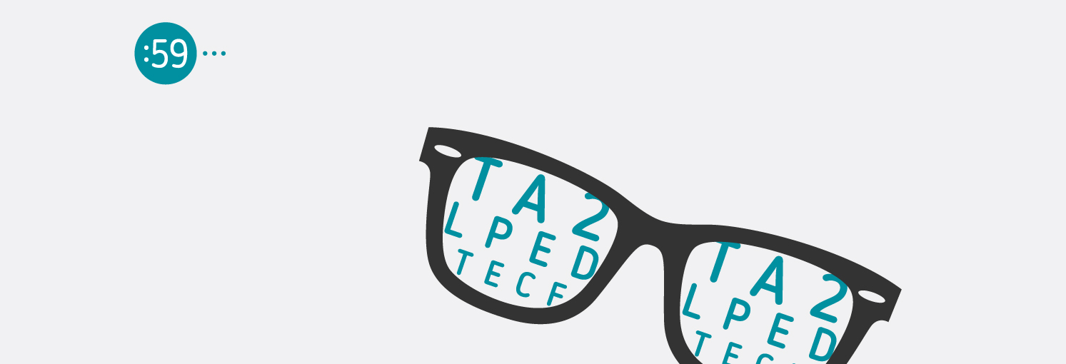 óculos com letras de vários tamanhos